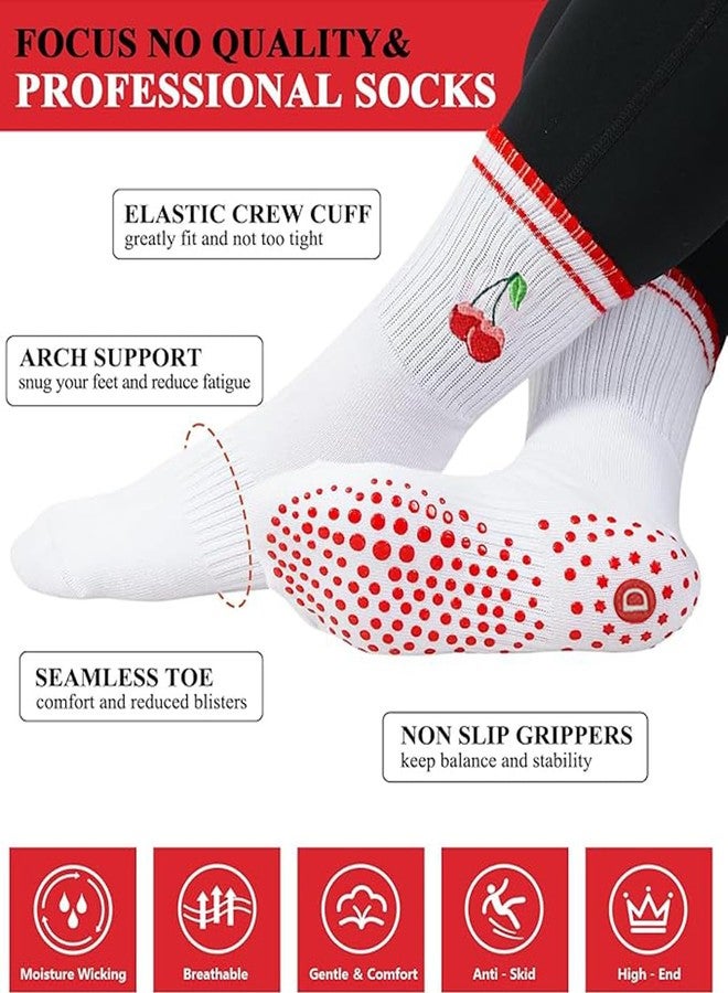 DADAB Cute Pilates Grip Socks for Women - Yoga Grippy Non Slip Barre Sticky Crew Socks for Workout, Hospital Use (1 Packs-cherry) - Image 3